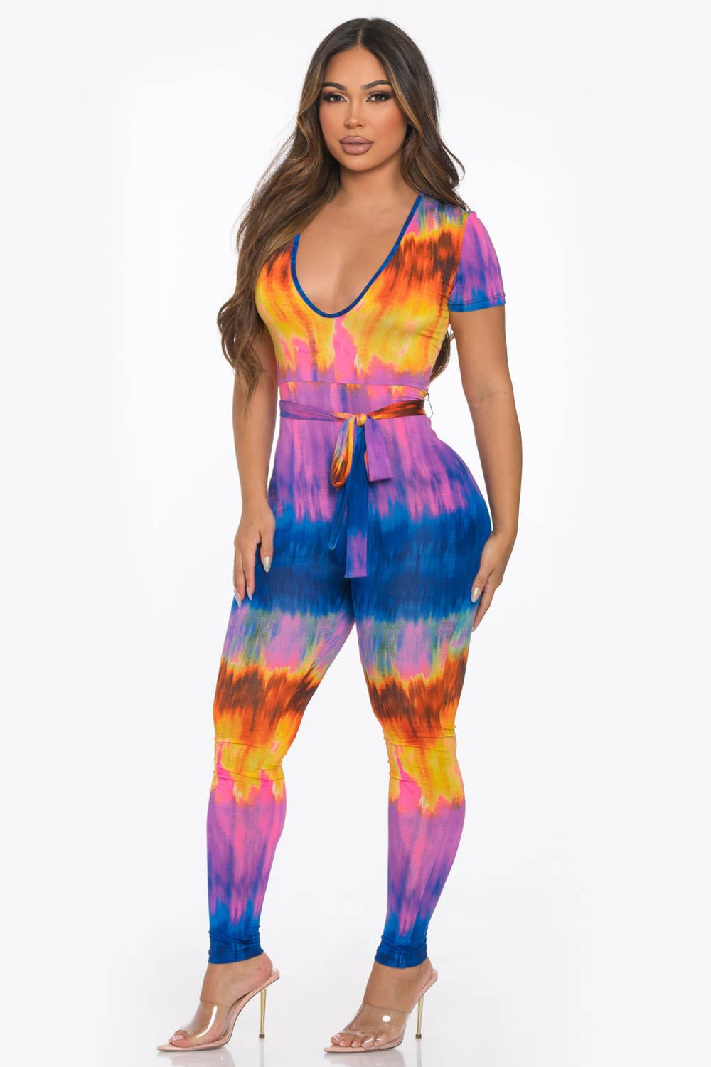 ROYAL PINK J7396 V Neck Belted Jumpsuit for wholesale on Faire4