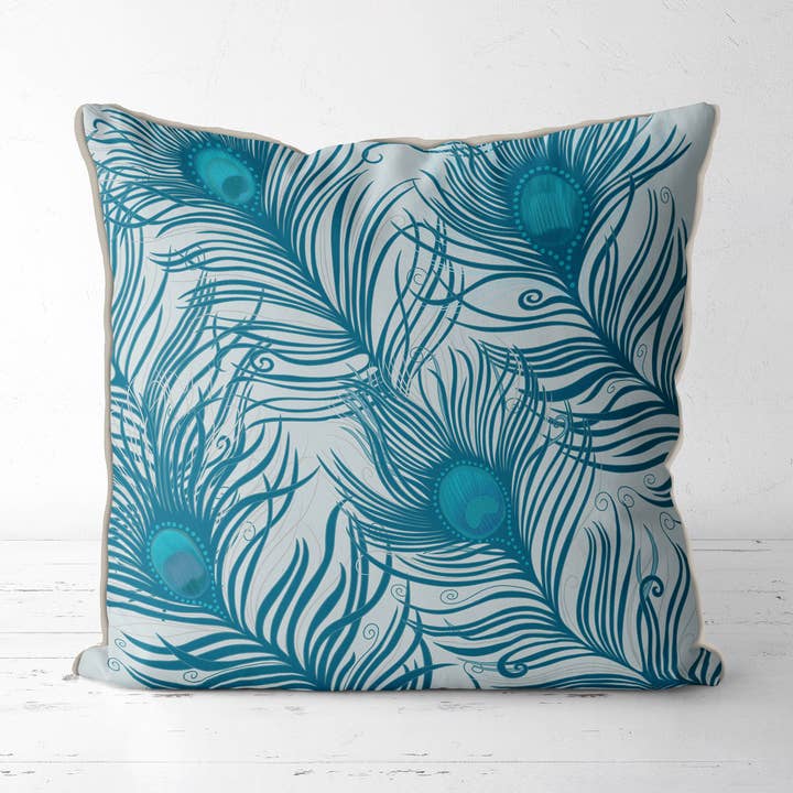 Penas de pavão, turquesa e cinza, almofada/travesseiro por atacado de FabFunky Ltd