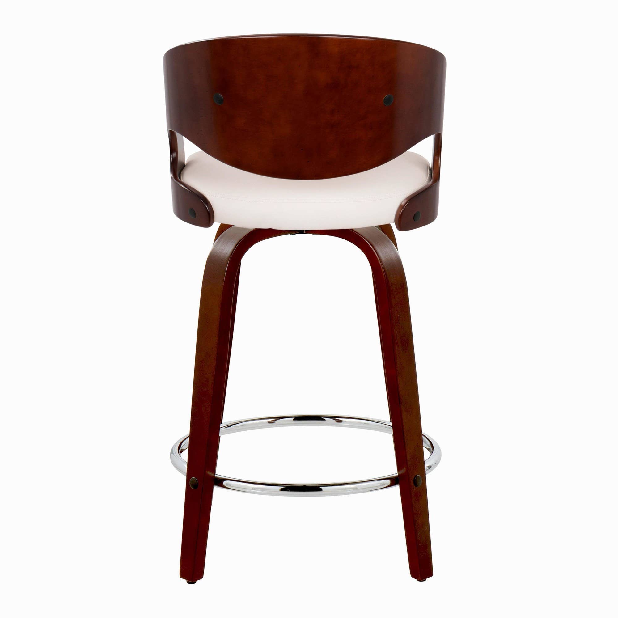 Cherry Wood White PU Chrome Metal Pino 24" Fixed-Height Barstool - Set of 2 for wholesale on Faire4