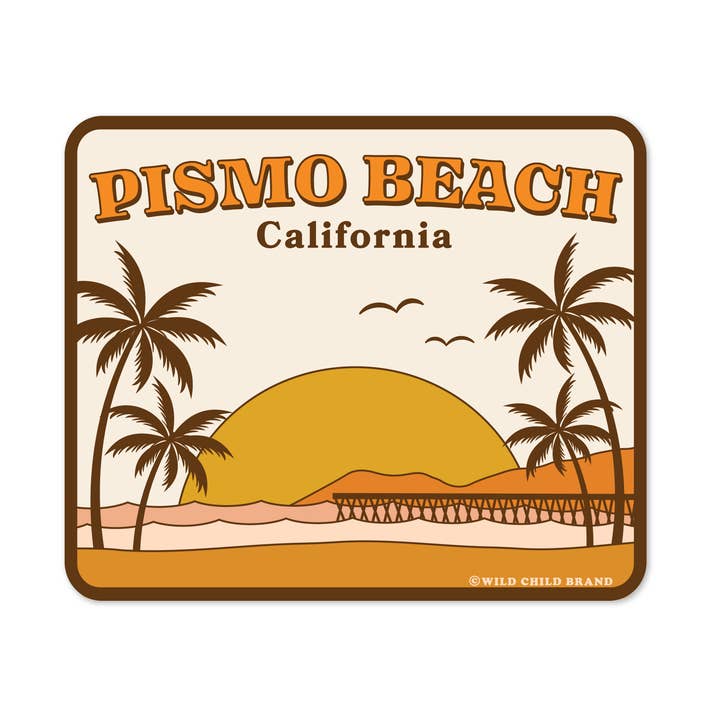 Pismo Beach California Sticker | Retro Ocean Pier Sunset for wholesale by Wild Child Brand