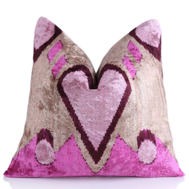 Blush & Magenta Heart Ikat Pillow – 16x16” Silk Velvet Handm for wholesale by Canvello
