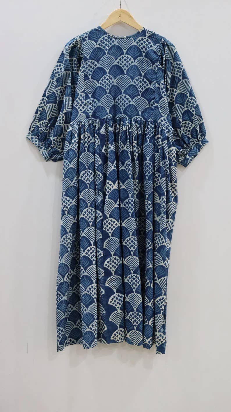 bhavnas boutique - Vente Robe – femme - Robe mini en coton indien imprimé indigo bleu, faite à la main3
