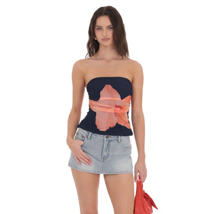 Mesh Floral Ruched Tube Top in Navy for wholesale by Lucy In The Sky