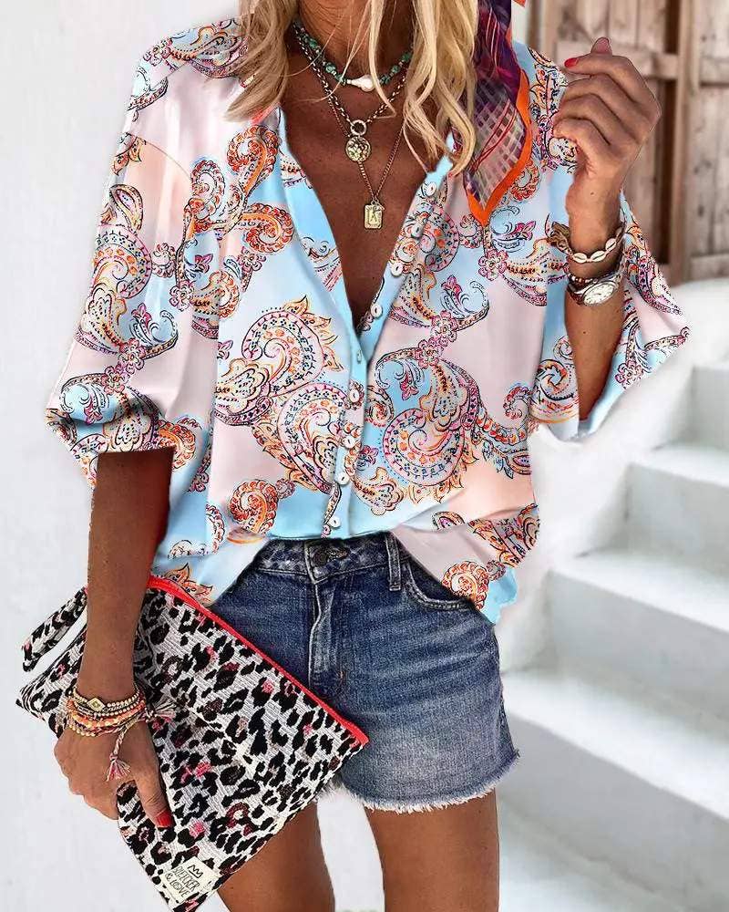 MULTICOLOR baroque print lantern sleeve button down shirt for wholesale on Faire0