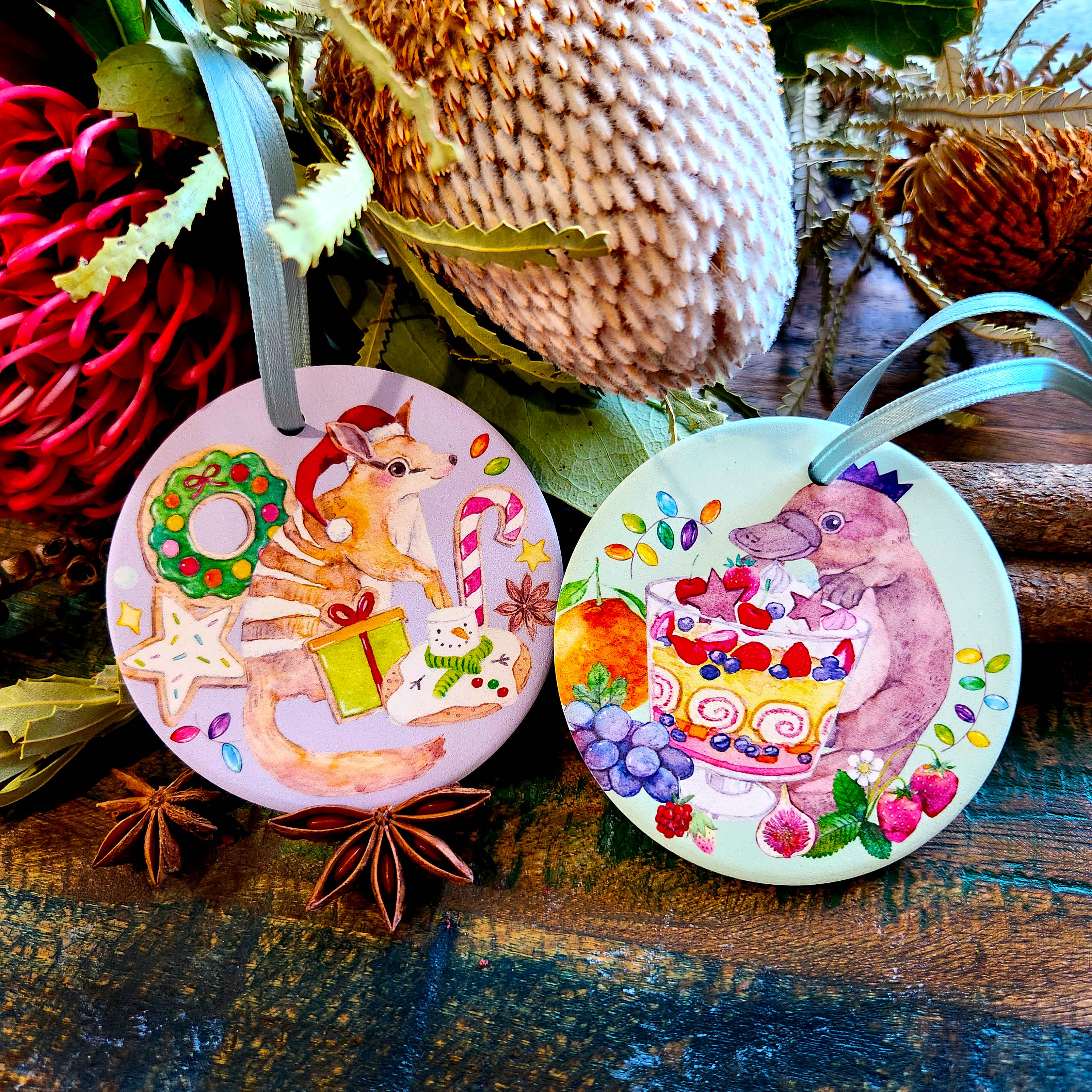 Watercolour By Cat - Vente Décoration de Noël - Ornements diffuseurs en céramique de Noël avec animaux australiens11