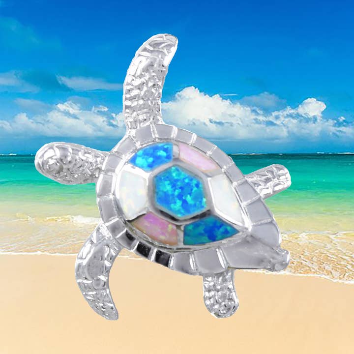 Hawaiian Large Blue Pink White Opal Sea Turtle Pendant, Sterling Silver Opal Sea Turtle Pendant, Christmas Birthday Mom Gift for wholesale by Paradise Treasures Jewelry