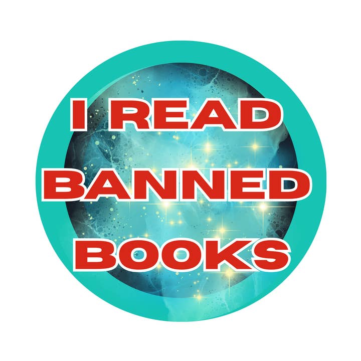 "I Read Banned Books" Space Round Sticker for wholesale by Jaala Spiro