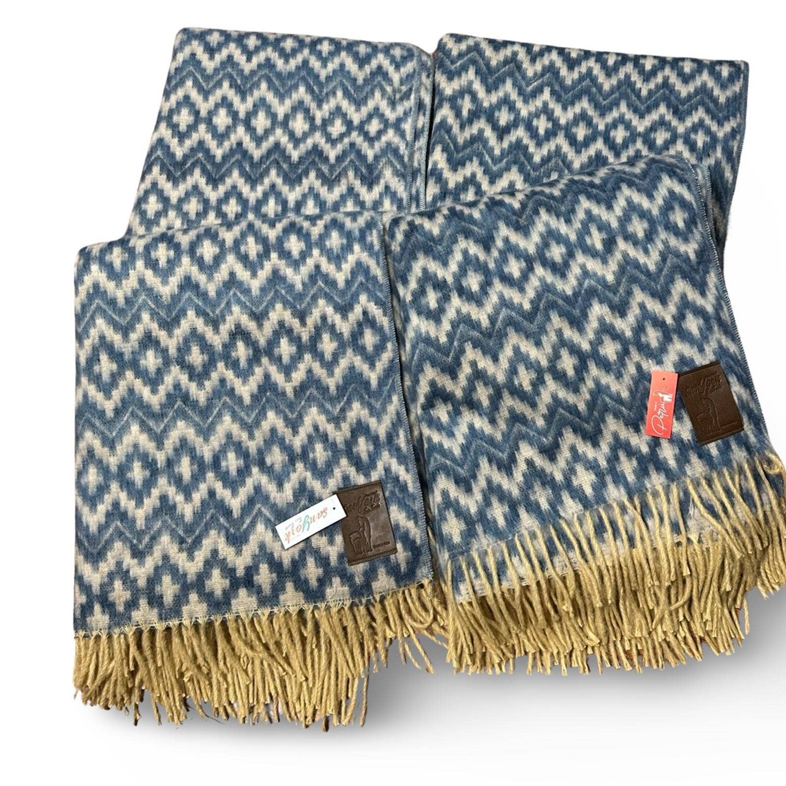 Sanyork Fair Trade - Wholesale Throw Blanket - Reversible Brushed Alpaca Blue Chacana Inca Cross Pattern1