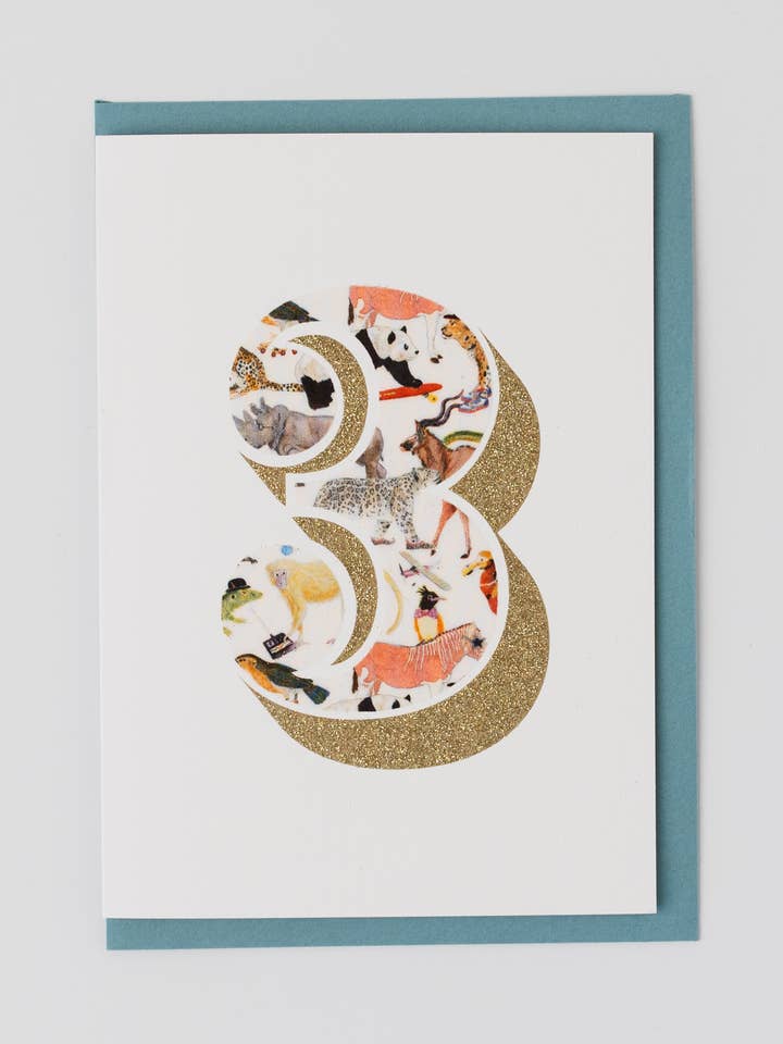 Biglietto di auguri per 3 anni, con glitter bio e tessuto Liberty Queue for the Zoo per la vendita all'ingrosso da parte di The Charming Press