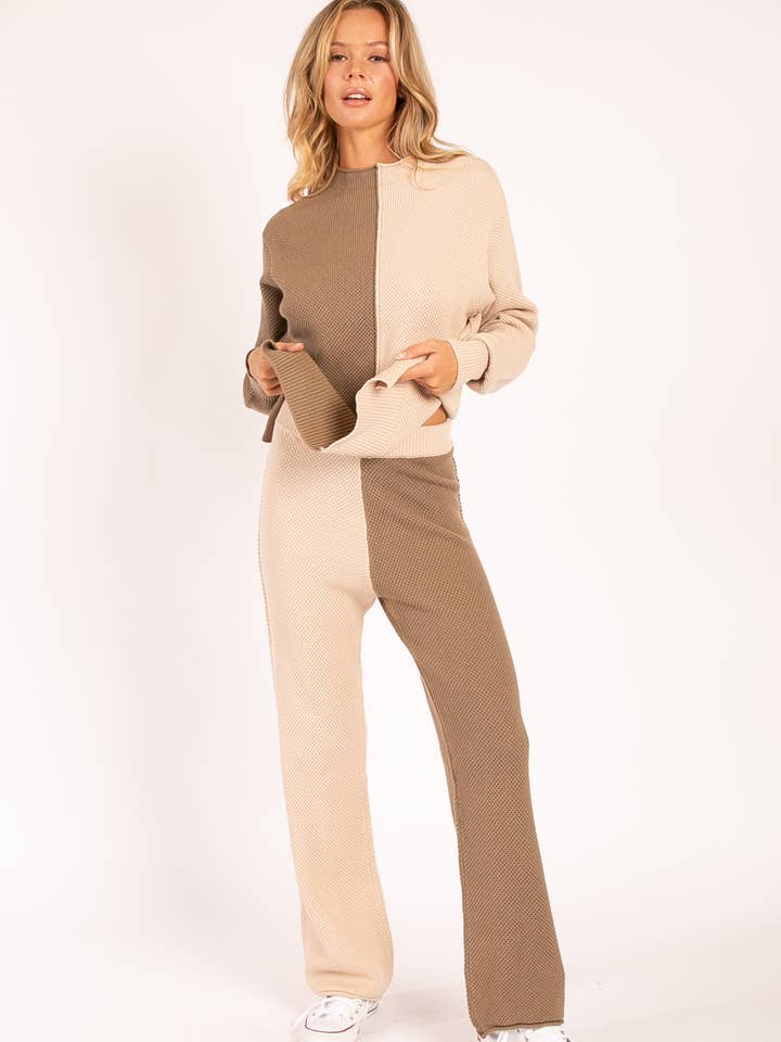 Two-Tone Knit Sweater and Pants Lounge Set for wholesale by Heyson