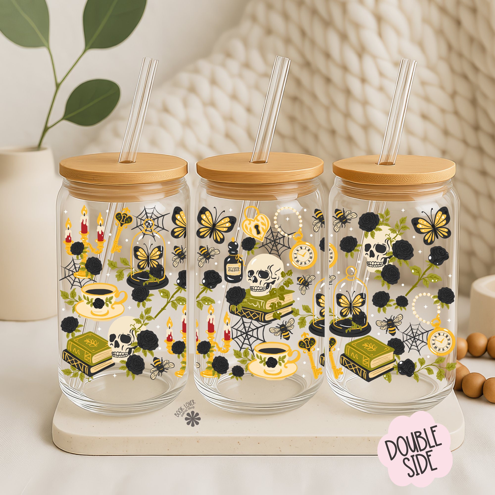 Book Lover Merch Shop - Wholesale Drinking Glass/Cup - Dark Academia 16 OZ Glass Can UV DTF WRAP / Bookish Mug 1