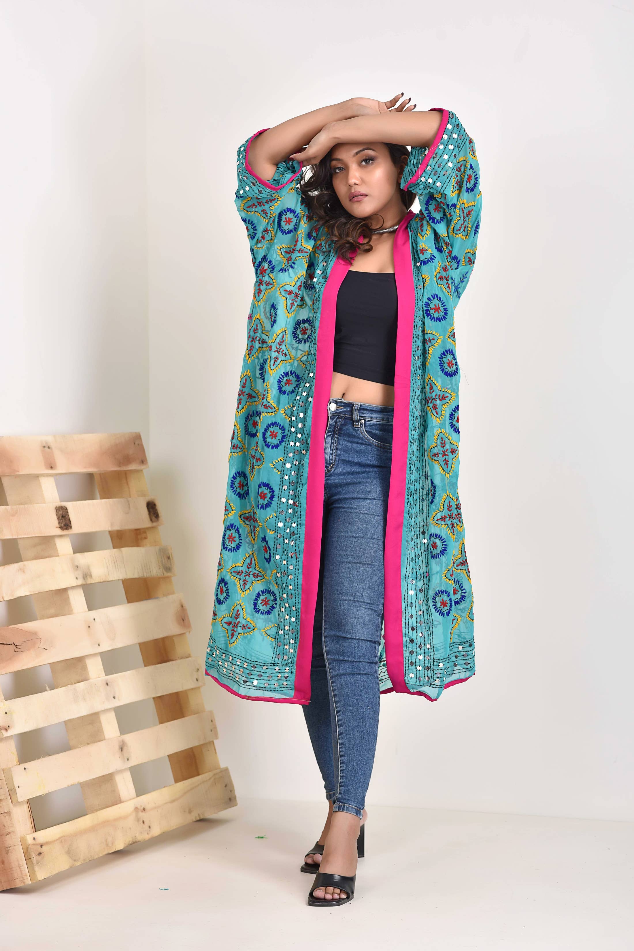 Meghcraft – Kimono - Mulher por atacado – Cardigã Kimono Bordado | Robe Kimono Phulkari Tamanho Grande4