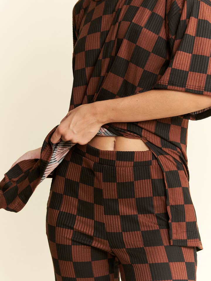 JADE BY JANE - Wholesale Lounge Set - Women's - RIBBED CHECKERED PRINT TOP/STRAIGHT LEG PANTS SET51