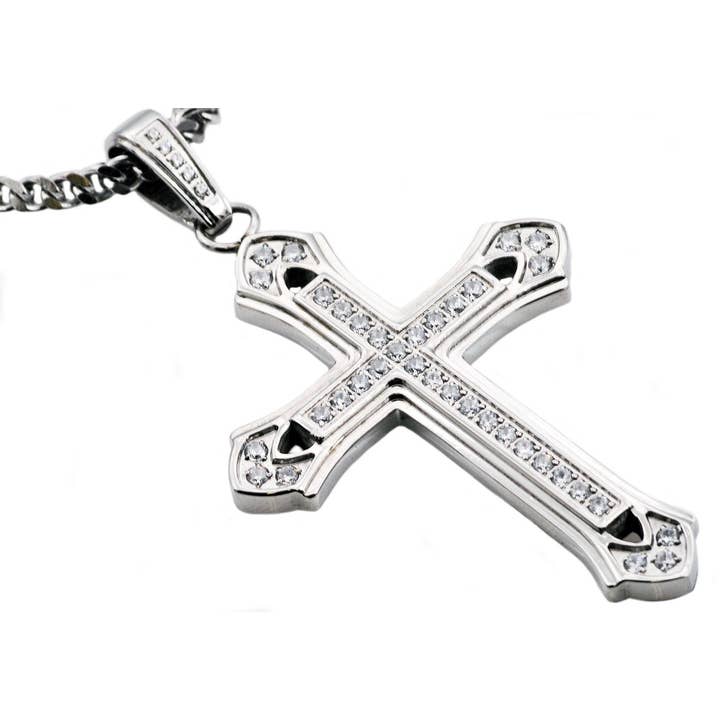 Men's Stainless Steel Cross Pendant With Cubic Zirconia for wholesale by Blackjack Mens Jewelry
