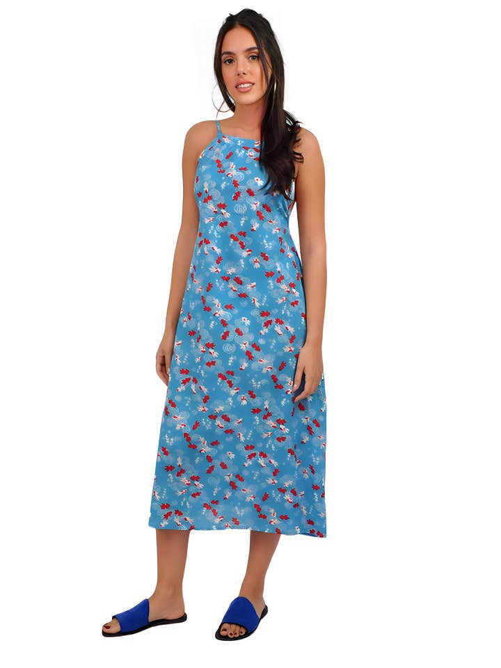 Vestido midi hecho a mano con estampado de peces koi con espalda abierta para venta al por mayor de Kalimera Clothing Athens