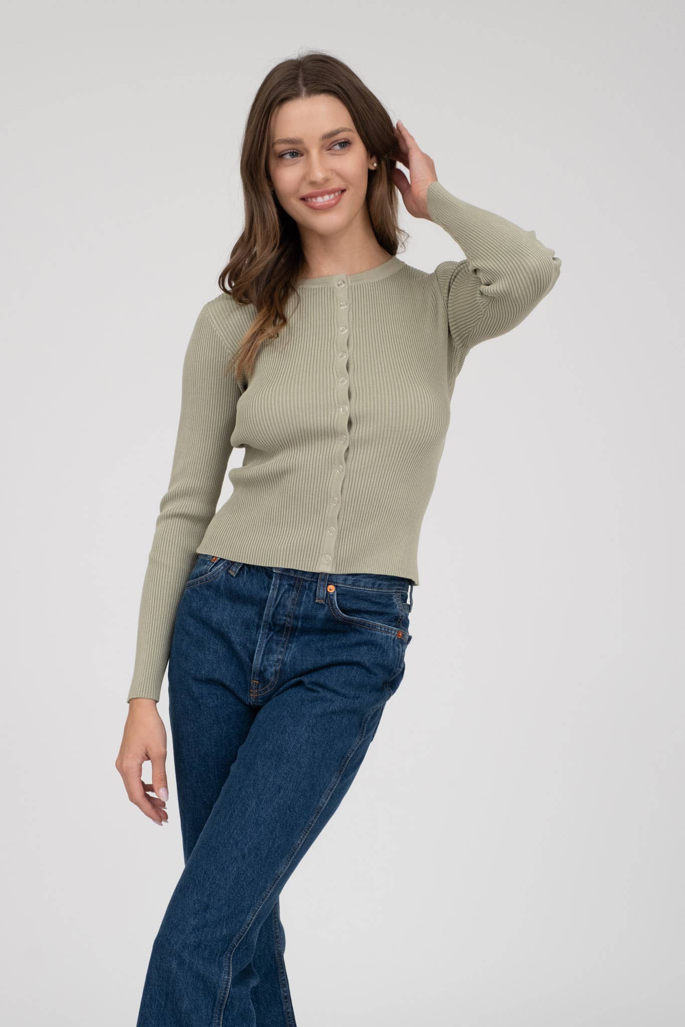 The Workshop Studio - Wholesale Cardigan - Women's - SNAP BUTTON DOWN ROUND NECK KNIT CARDIGAN50