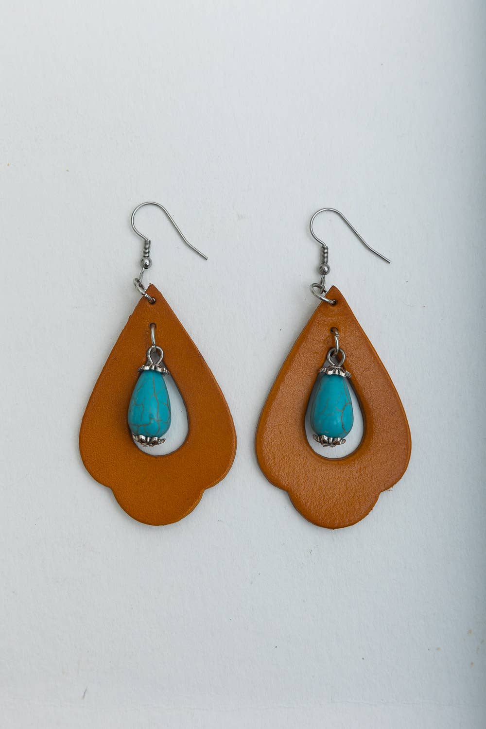 Leto Accessories - Wholesale Dangle Earrings - Western Leather Cutout Earrings with Turquoise Stone3
