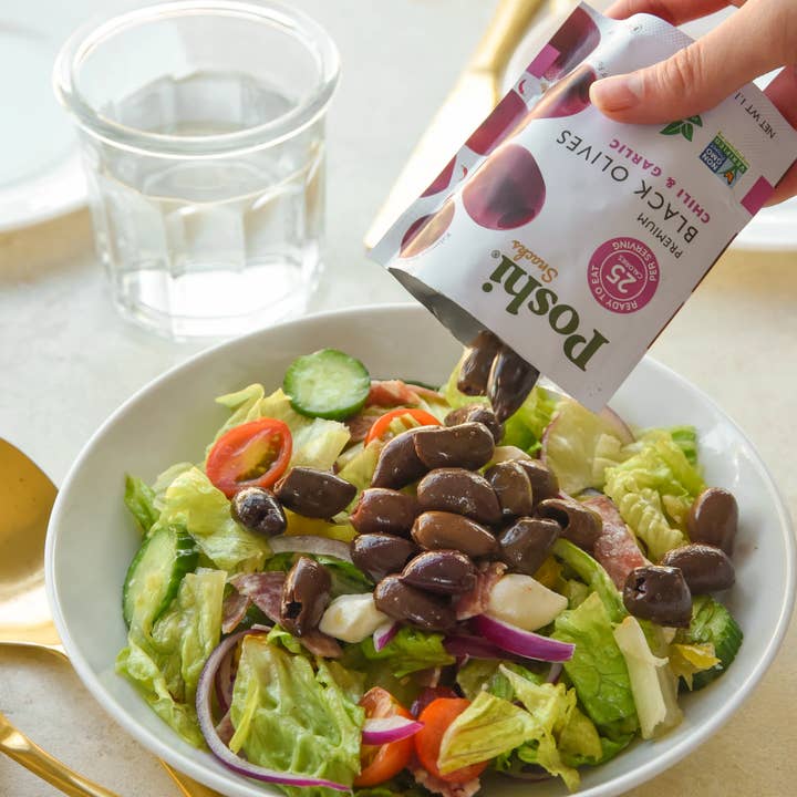 POSHI - Wholesale Olives - Poshi Snacks - Chili & Garlic Pitted Black Olives 1.1oz/104