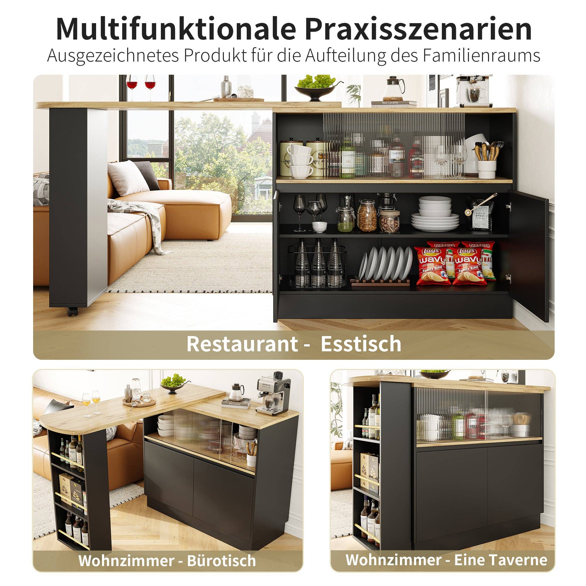 Urban Meuble - Wholesale Sideboard - Wood-effect and black bar table with 360° swivel storage and corrugated glass TINPLATE14