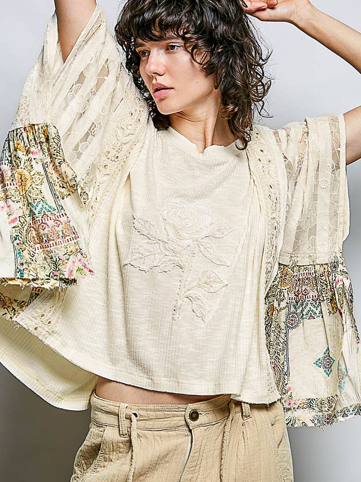 Artisan Rose Appliqué Patchwork Knit Top for wholesale by Pol Clothing