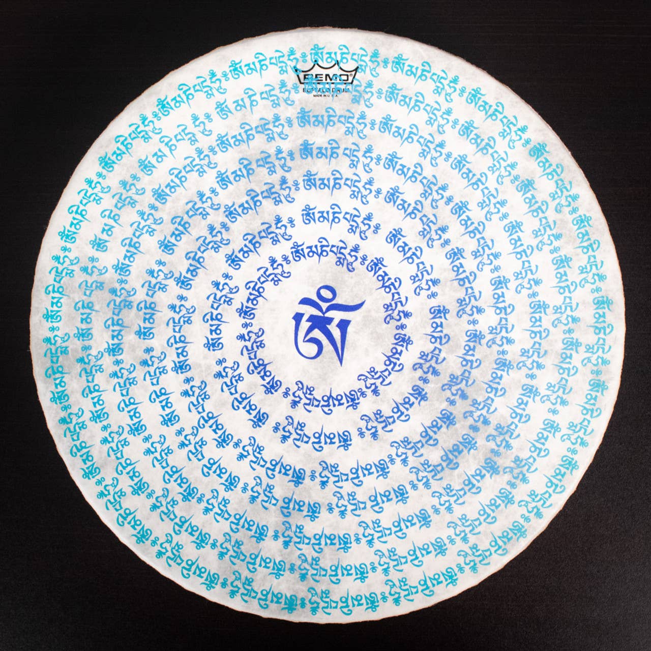 HK Higher Knowing - Wholesale Meditation Supplies - 16" Blue Om Sanskrit White Buffalo Drum1