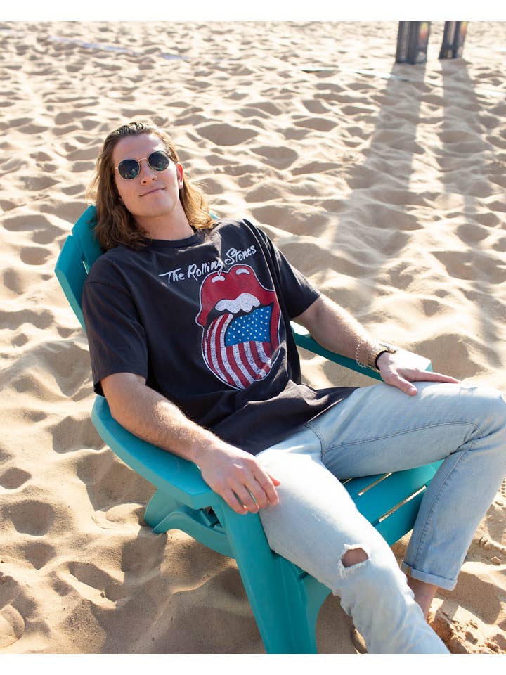 LivyLu - Wholesale Screen Printed T-Shirt - Unisex - 4th of July Rolling Stones USA Flag Lick Black Graphic Tee4