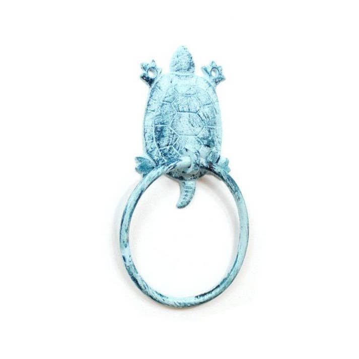 Hampton Nautical - Wholesale Handdoekhouder/hanger - Rustieke donkerblauwe witgekalkte gietijzeren schildpadhanddoekhouder 8"1