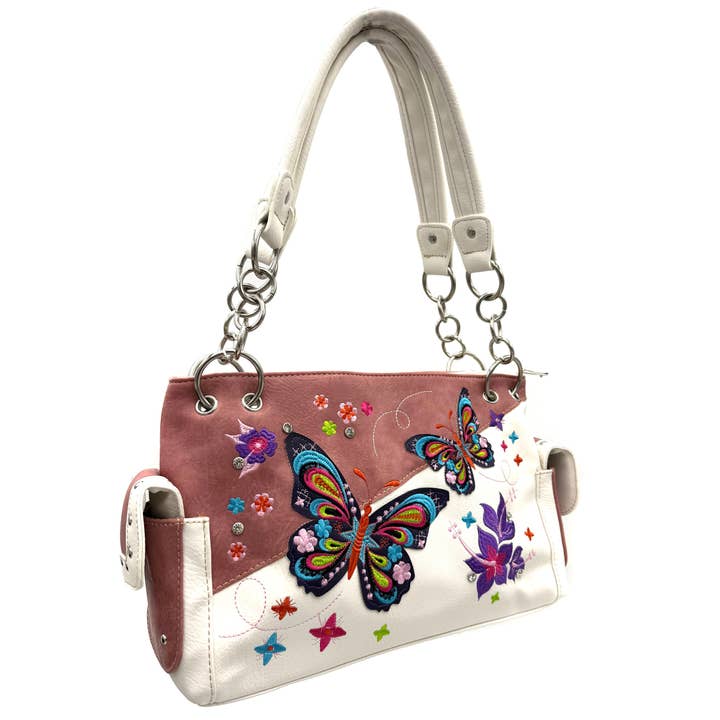 Pink Butterfly Rainbow Embroidered Handbag for wholesale on Faire
