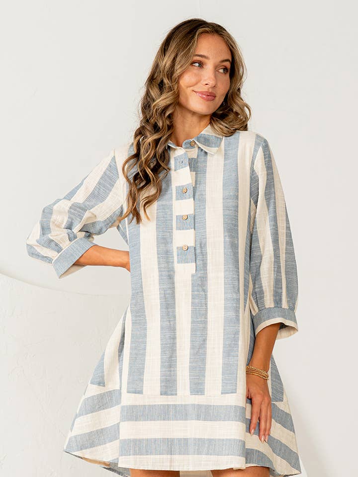 Abito camicia a righe con maniche 3/4 a vestibilità comoda per la vendita all'ingrosso da parte di Sew In Love