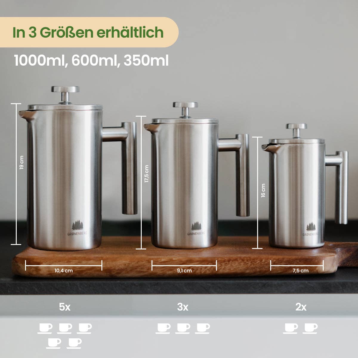 Groenenberg-Coffee – wholesale Franskpress – French press i rostfritt stål 0,35 liter med utbytbart filter5