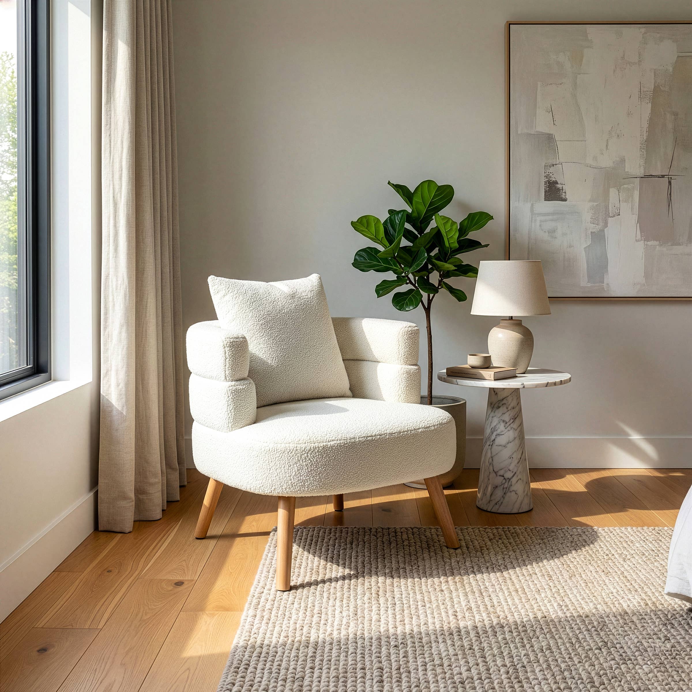 Glamour Home - Wholesale Chair - Azana White Boucle Accent Chair with Wood Legs