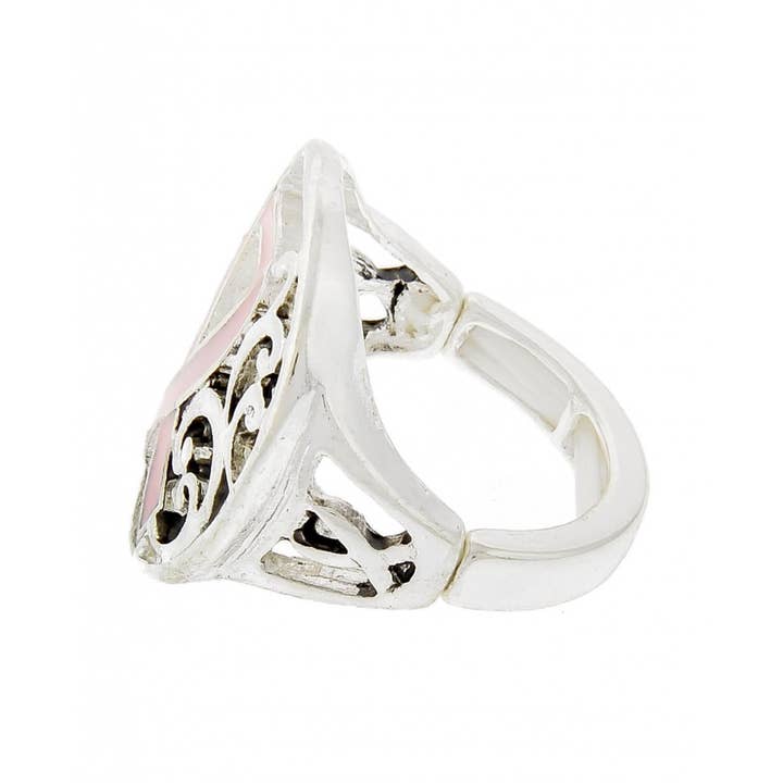 0011 PREMIERE - Wholesale Cocktail/Statement Ring - FR3796 Filigree Pink Ribbon Metal Stretch Ring4