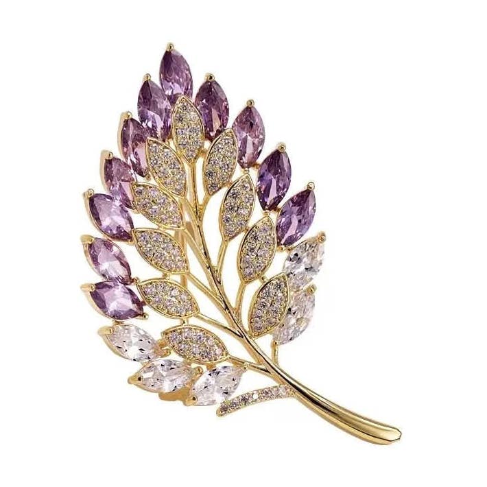 Paarse Kristallen Blad Broche voor wholesale door Angel Barocco