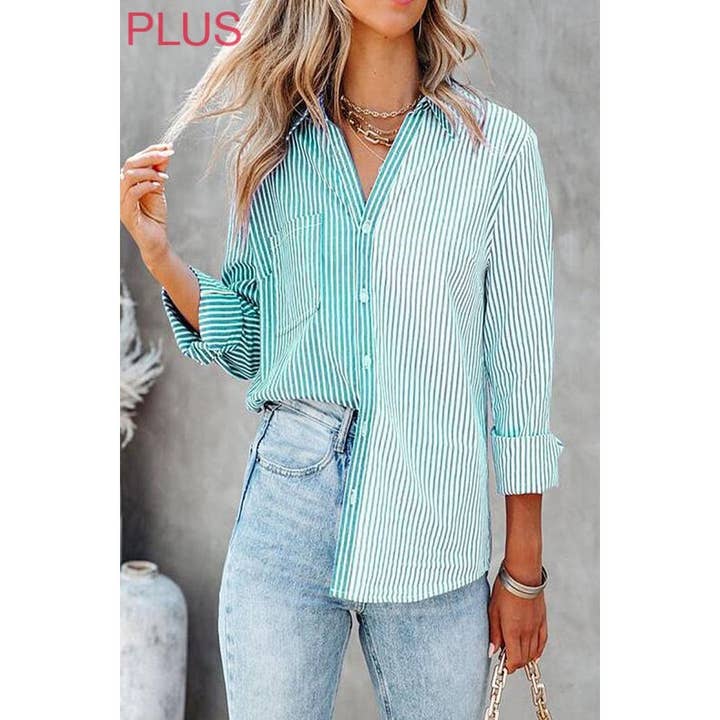 Paperdoll - Wholesale Button Down Shirt - Women's - New Striped Printing Color Contrast Long-Sleeved10