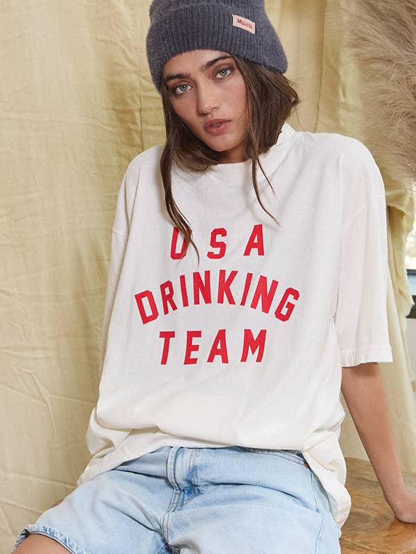 T2284D 'USA DRINKING TEAM' Oversized Printed T-shirt Top for wholesale by BUCKETLIST INC
