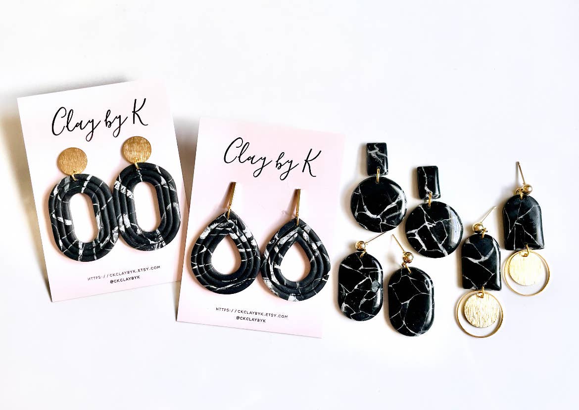 Clay by K - Wholesale Dangle Earrings - Black & White Marbled Clay Earrings1