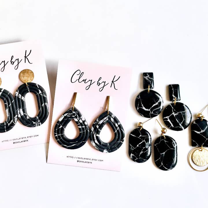 Clay by K - Wholesale Dangle Earrings - Black & White Marbled Clay Earrings1