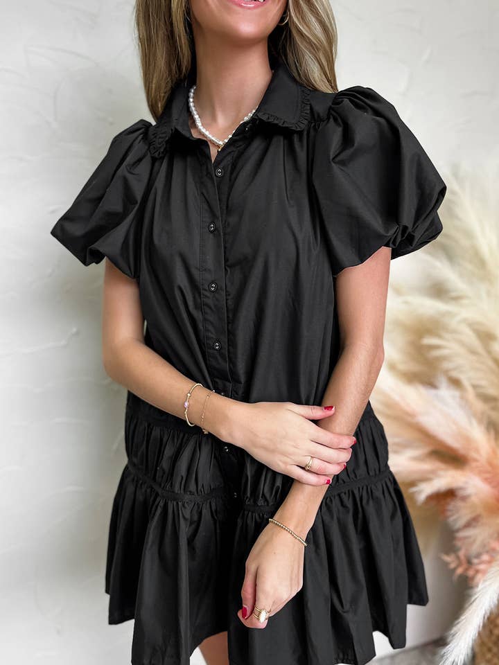 Black Shirt Style Button Down Puff Sleeve Ruffle Hem Dress for wholesale on Faire7