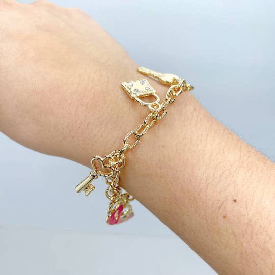Luxus Accessories – Engroshandel Armbånd med vedhæng – 18 k guld fyldt Pink Charms Oval Link armbånd