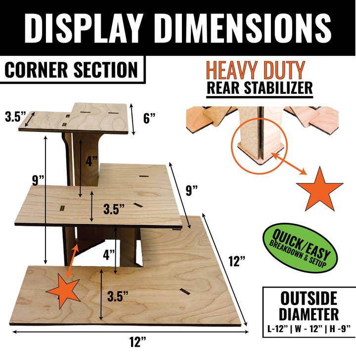 Torched Displays - Vente Support/étui pour présentoir - Présentoir d’angle en bois à 3 niveaux avec étagères11