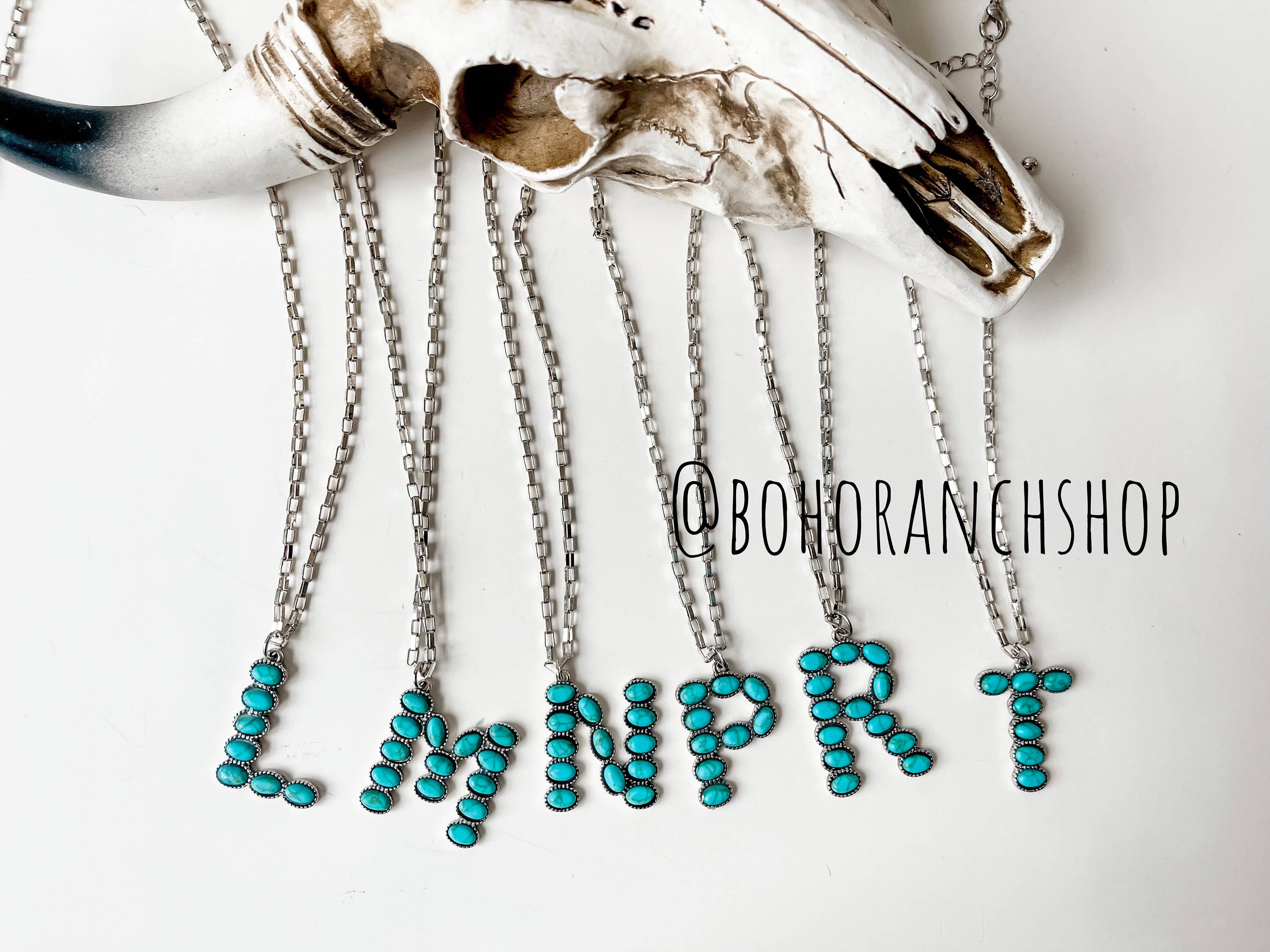 Boho Ranch Shop - Wholesale Pendant/Charm Necklace - Western Turquoise Oval Stone Initial Necklace2