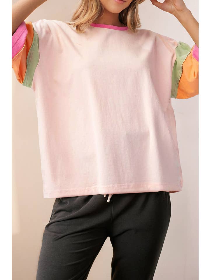 LA Society - Wholesale T-Shirt - Women's - Color Block Round Neck Half Sleeve Oversize Top