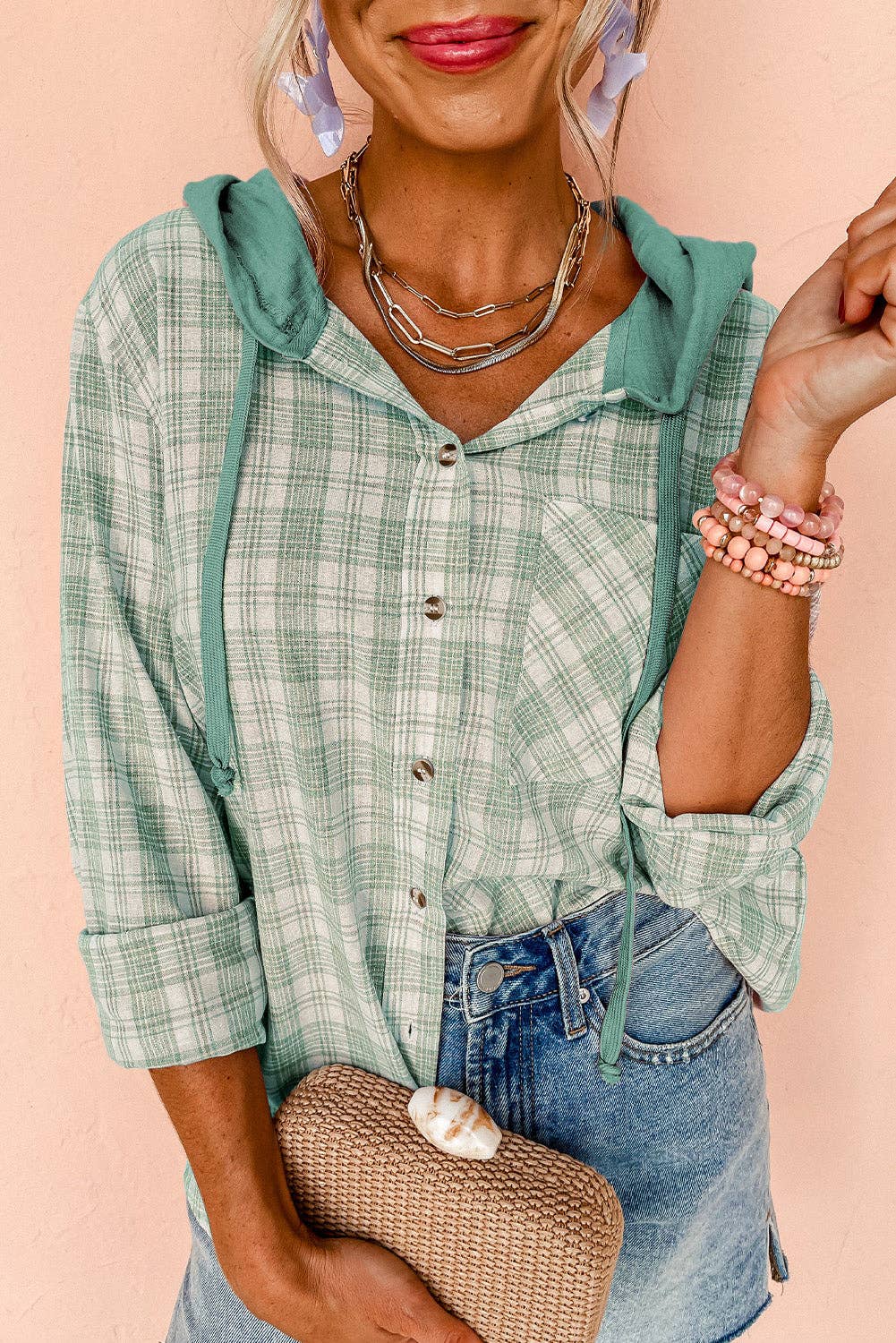 Lovesoft - Wholesale Shirt Jacket/Shacket - Women's - Checkered Print Loose Fit Buttoned Hooded Shacket19