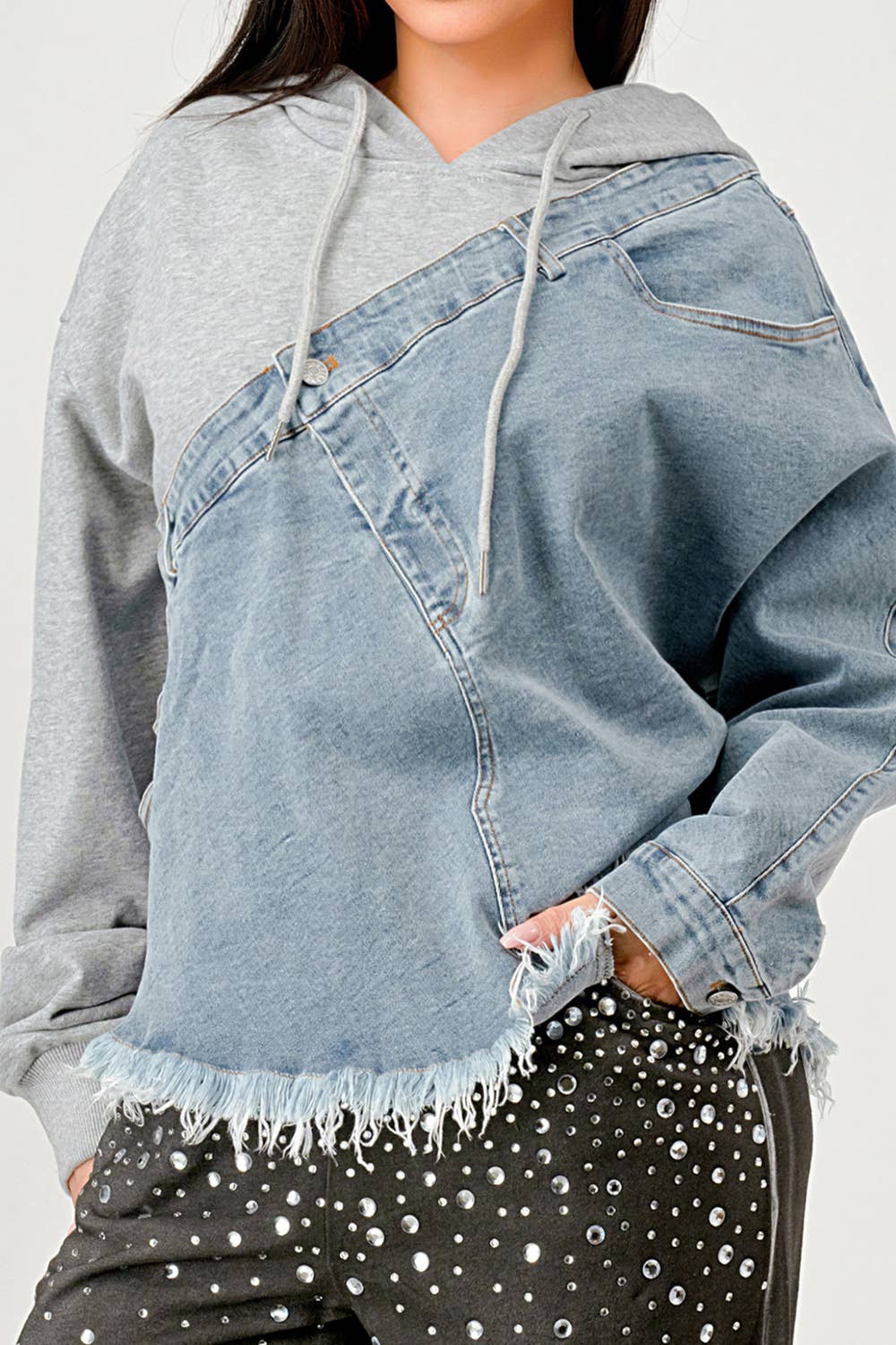 GREY COMBO NT1088A Denim and Hoodie Contrast Top for wholesale on Faire6