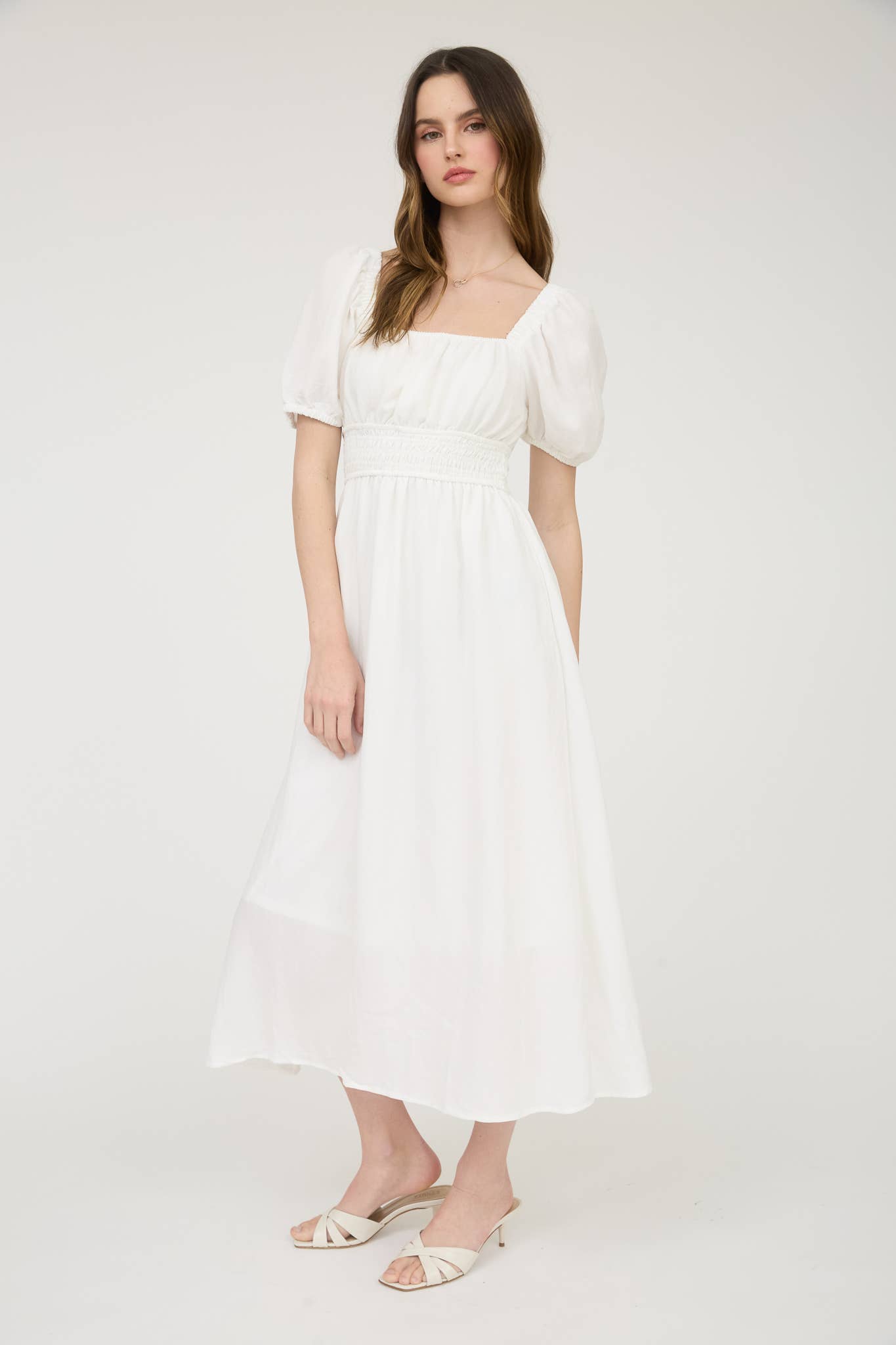 MINE – wholesale Dress – Women's – SOLID SMOCKED WAIST BALLOON SLEEVE MIDI DRESS16