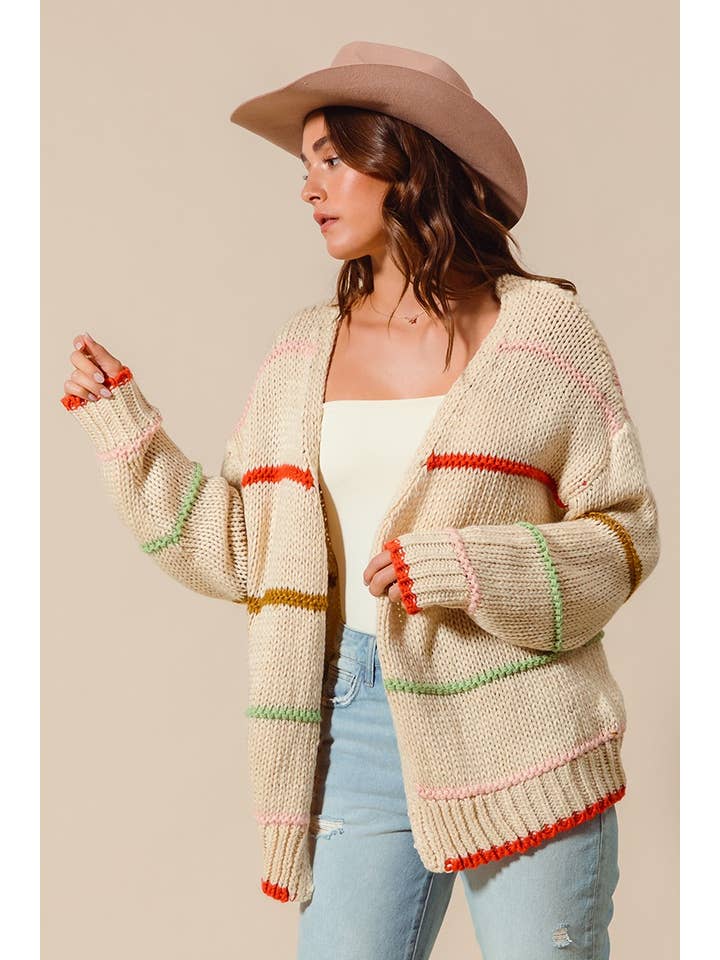 OATMEAL Loose Fit Multi Stripe Open Front Cardigan for wholesale on Faire2