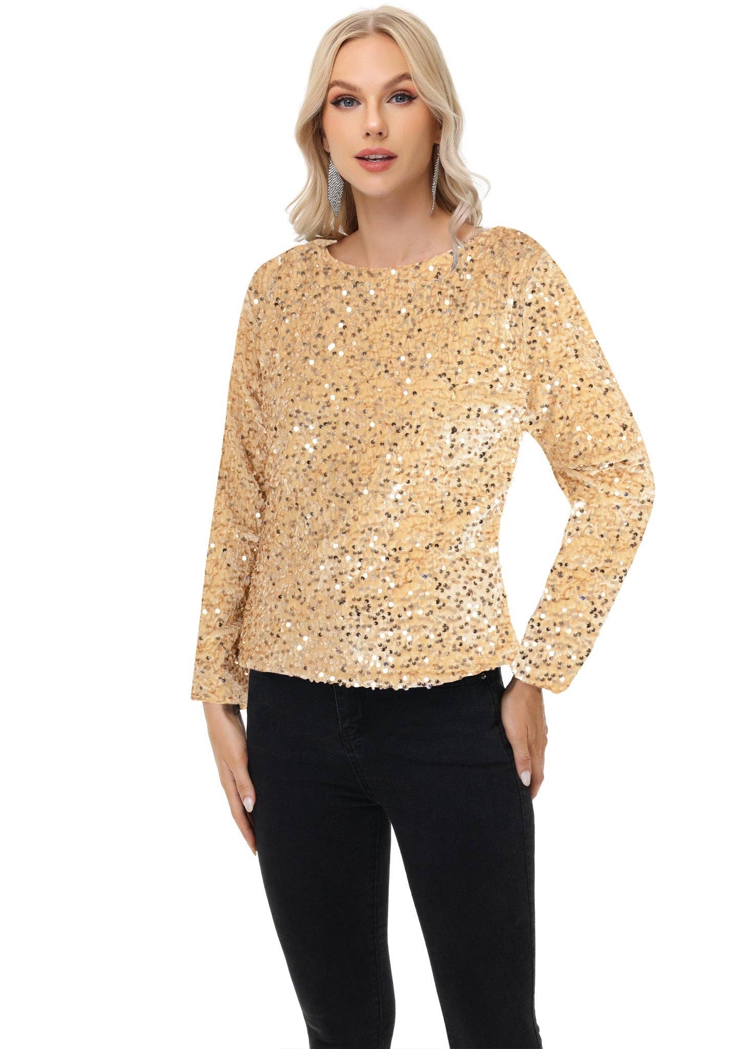 Anna Kaci Wholesale - Wholesale Blouse - Women's - Long Sleeve Sequin Tops Sparkly Glitter Evening Party23