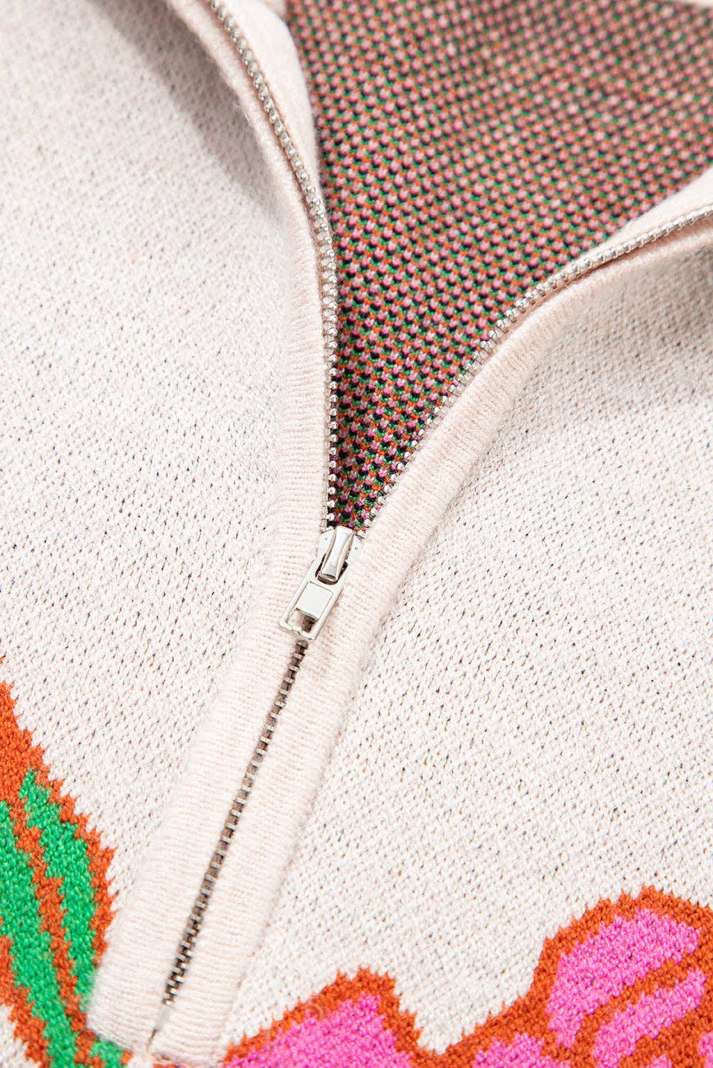 Khaki Floral Pattern Knit Quarter Zip Stand Neck Sweater for wholesale on Faire6