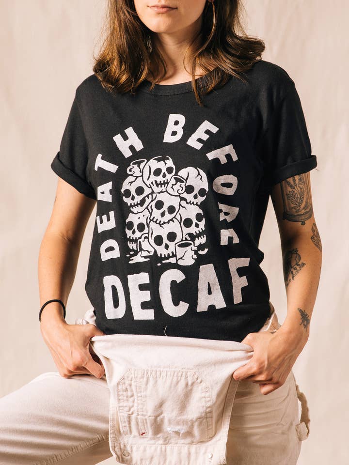 Pyknic - Wholesale Screen Printed T-Shirt - Unisex - Death Before Decaf Coffee Vintage Style Graphic Tee Adults0