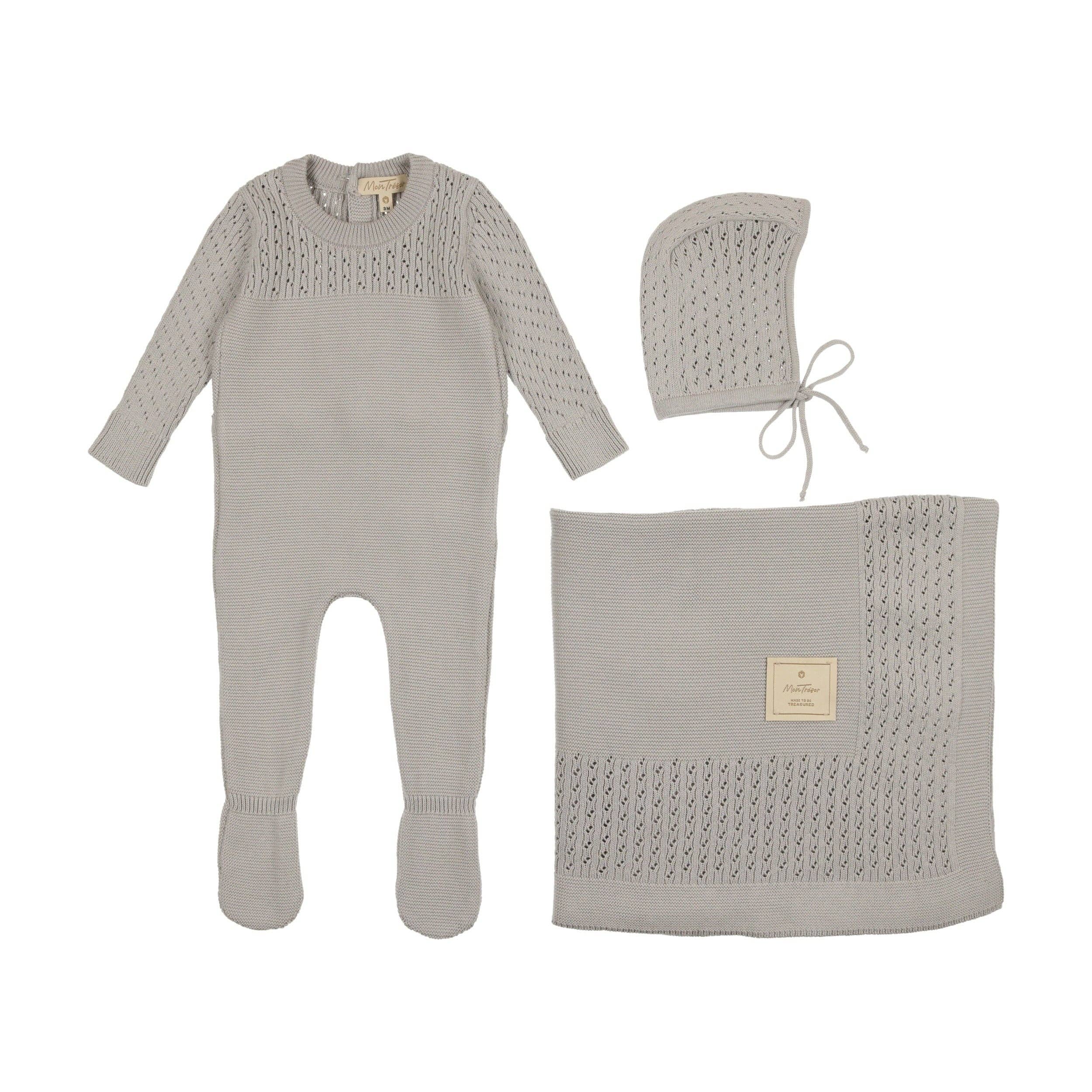 Mon Tresor Bebe – Großhandel Bekleidungsset – Baby – Kostbares Layette-Set aus lila Strick1